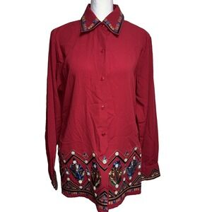 Vintage‎ Victor Costa Occasion Red Embroidered Big Shirt Boho Chic Moroccan S